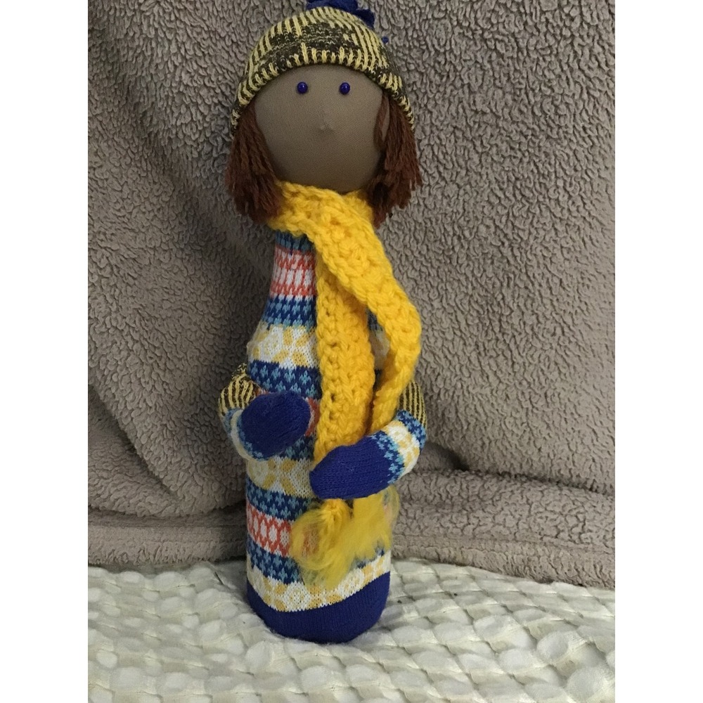 Handmade Winter‎ Character Doll Knitted Sweater Scarf Hat Mittens Blue Yellow